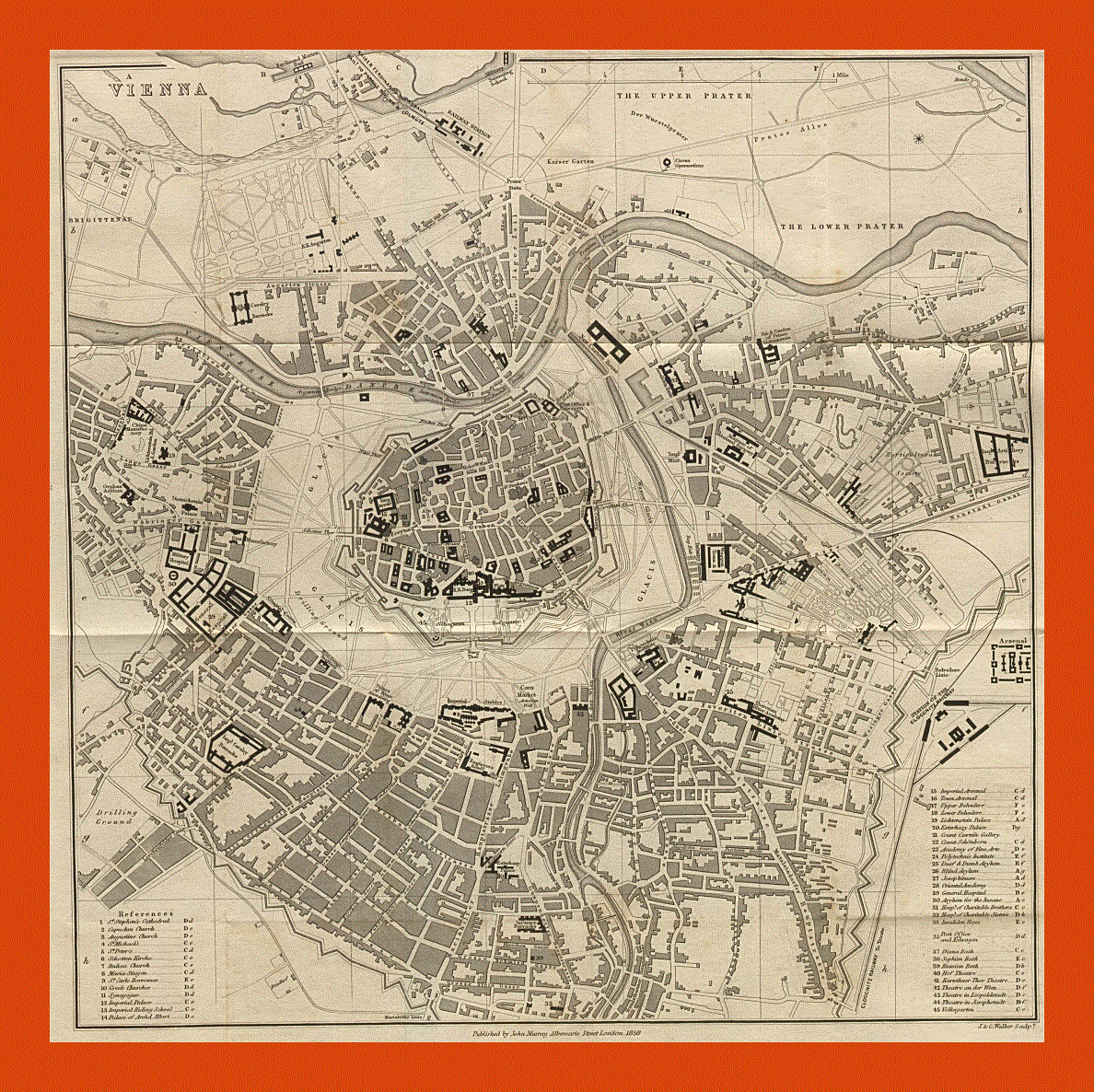 Old map of Vienna city - 1858