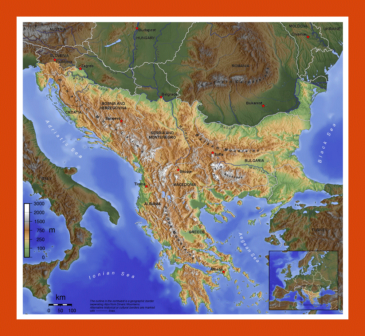Topographical map of Balkans