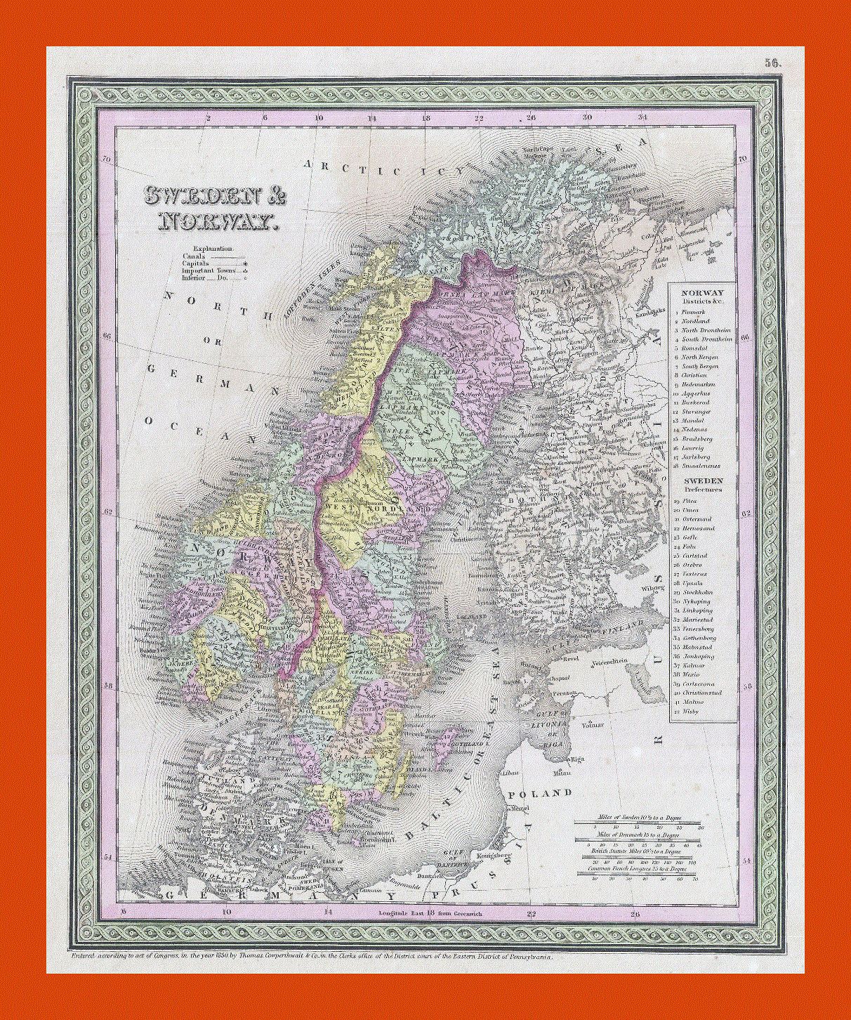 Old political map of Sweden and Norway - 1850