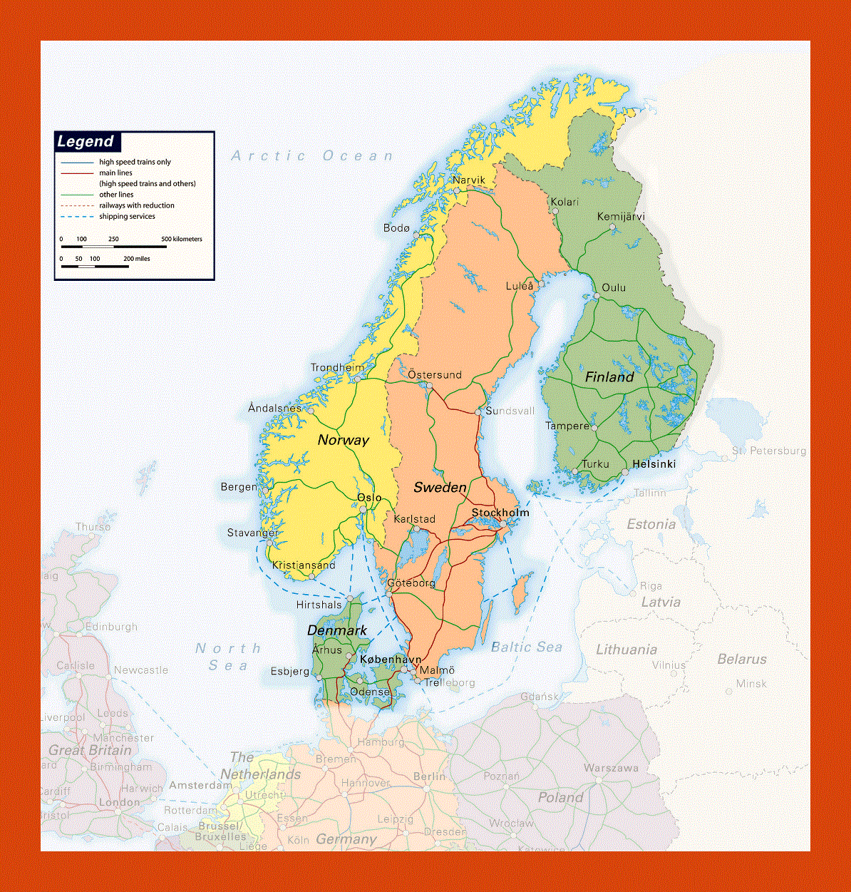 Railways map of Scandinavia