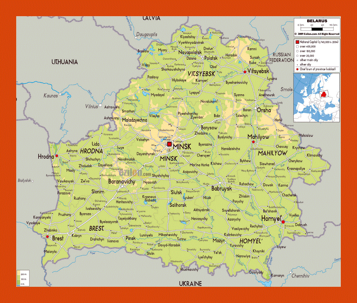 Physical map of Belarus