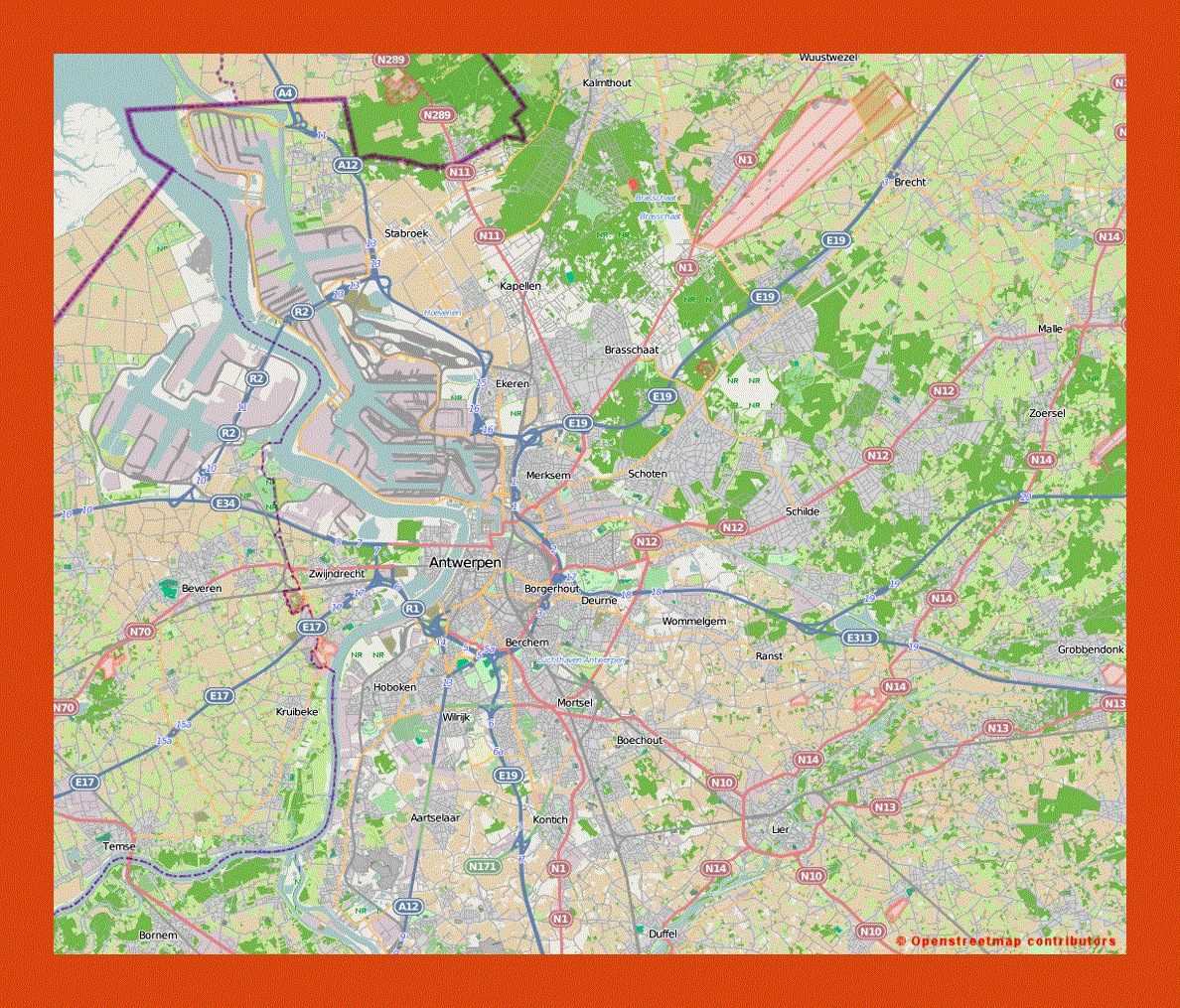 Road map of Antwerp and the surrounding area