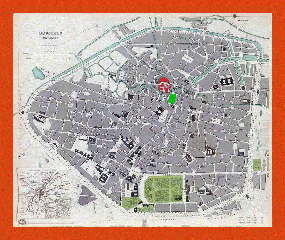 Old map of Brussels city - 1837