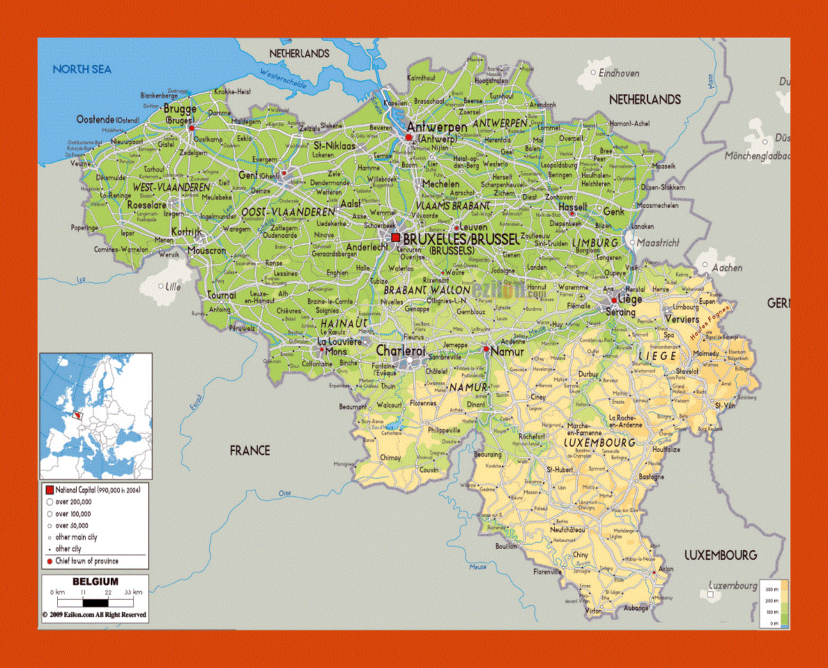Physical map of Belgium