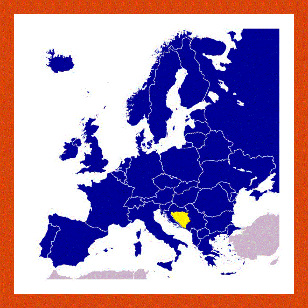Bosnia and Herzegovina on map of Europe