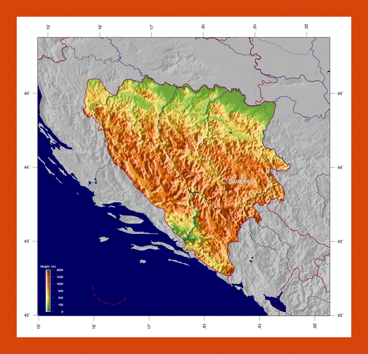 Elevation map of Bosnia and Herzegovina