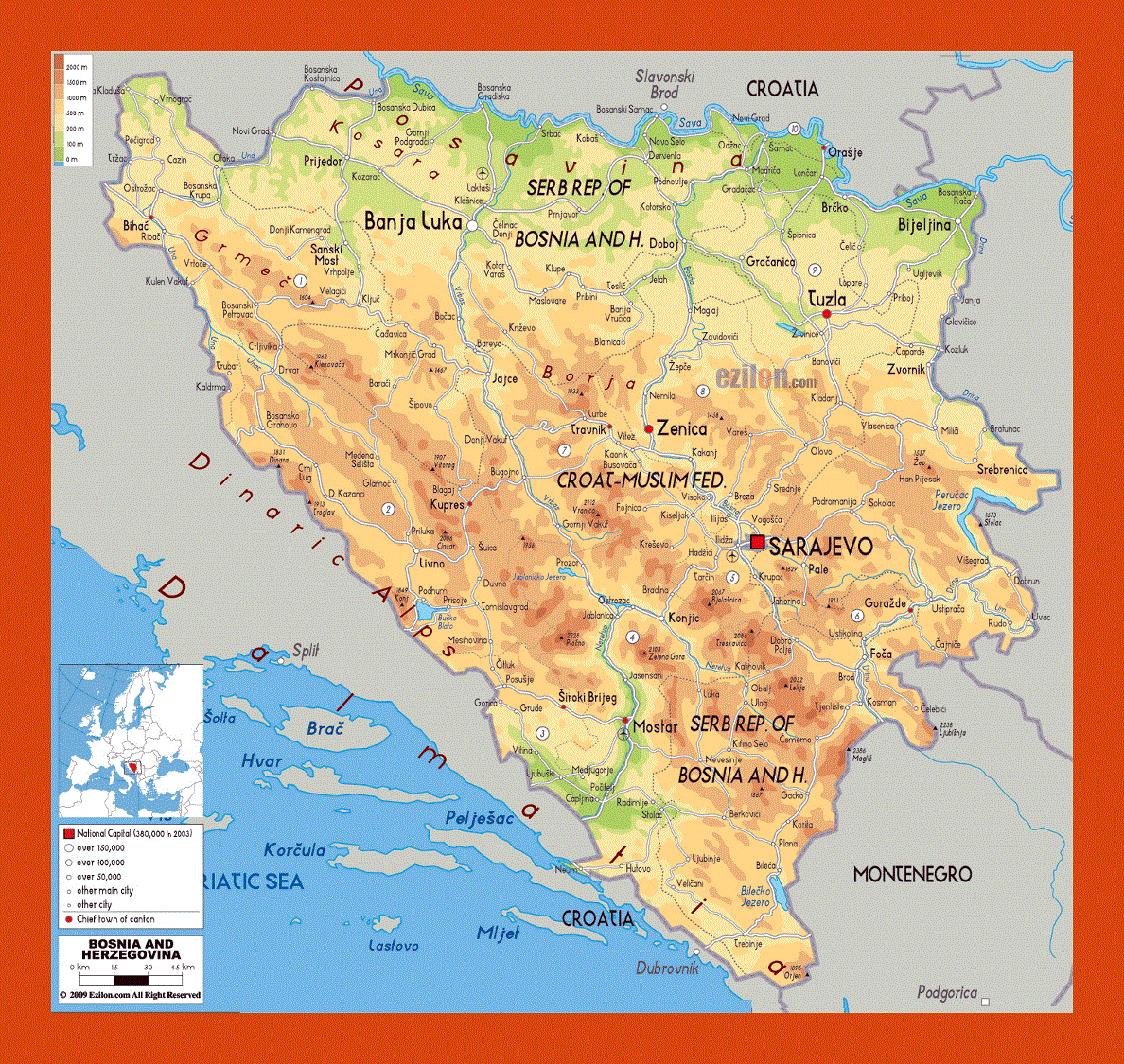 Physical map of Bosnia and Herzegovina