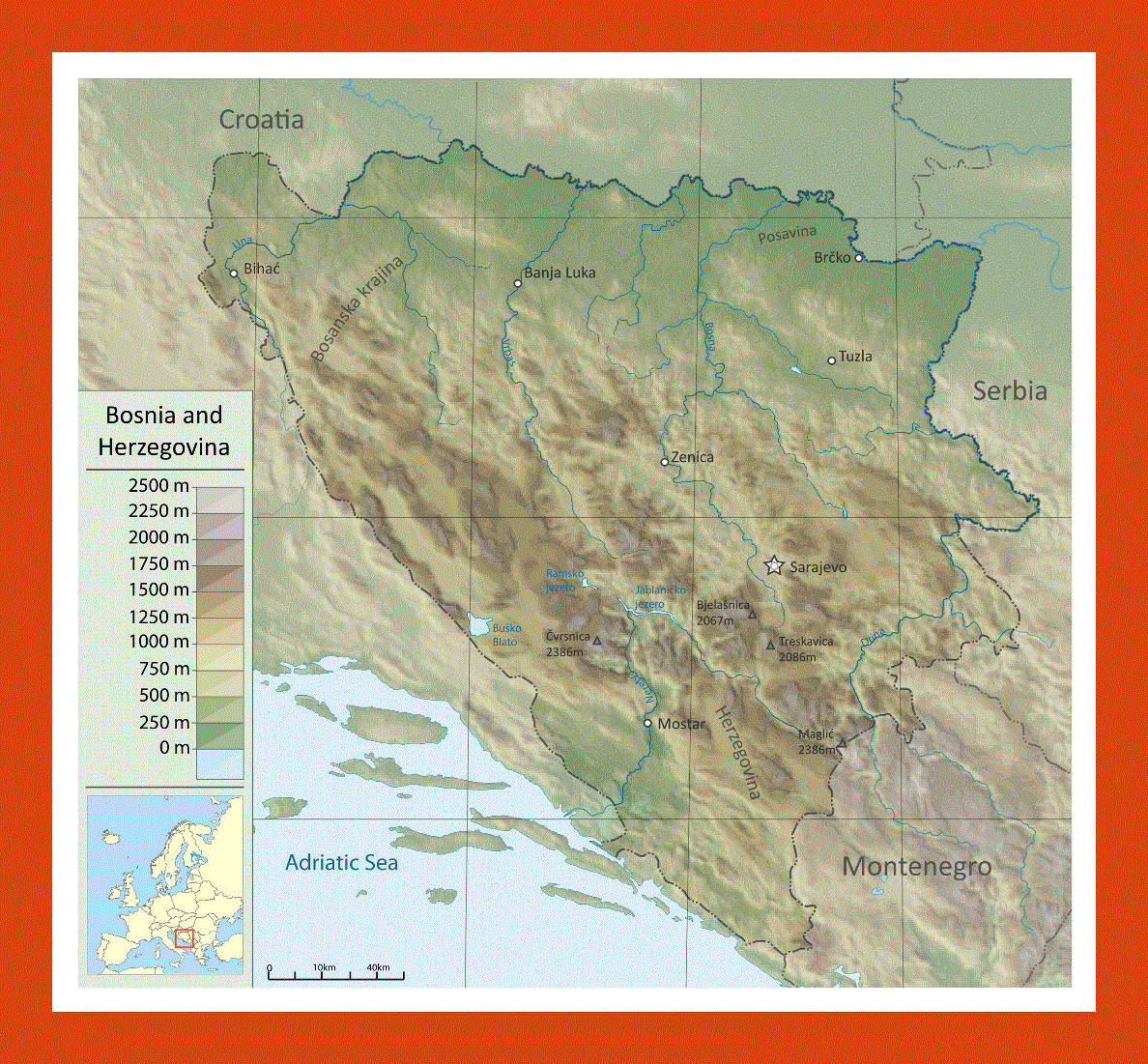 Physical map of Bosnia and Herzegovina
