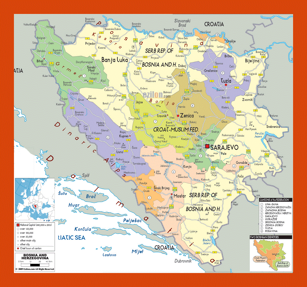 Political and administrative map of Bosnia and Herzegovina