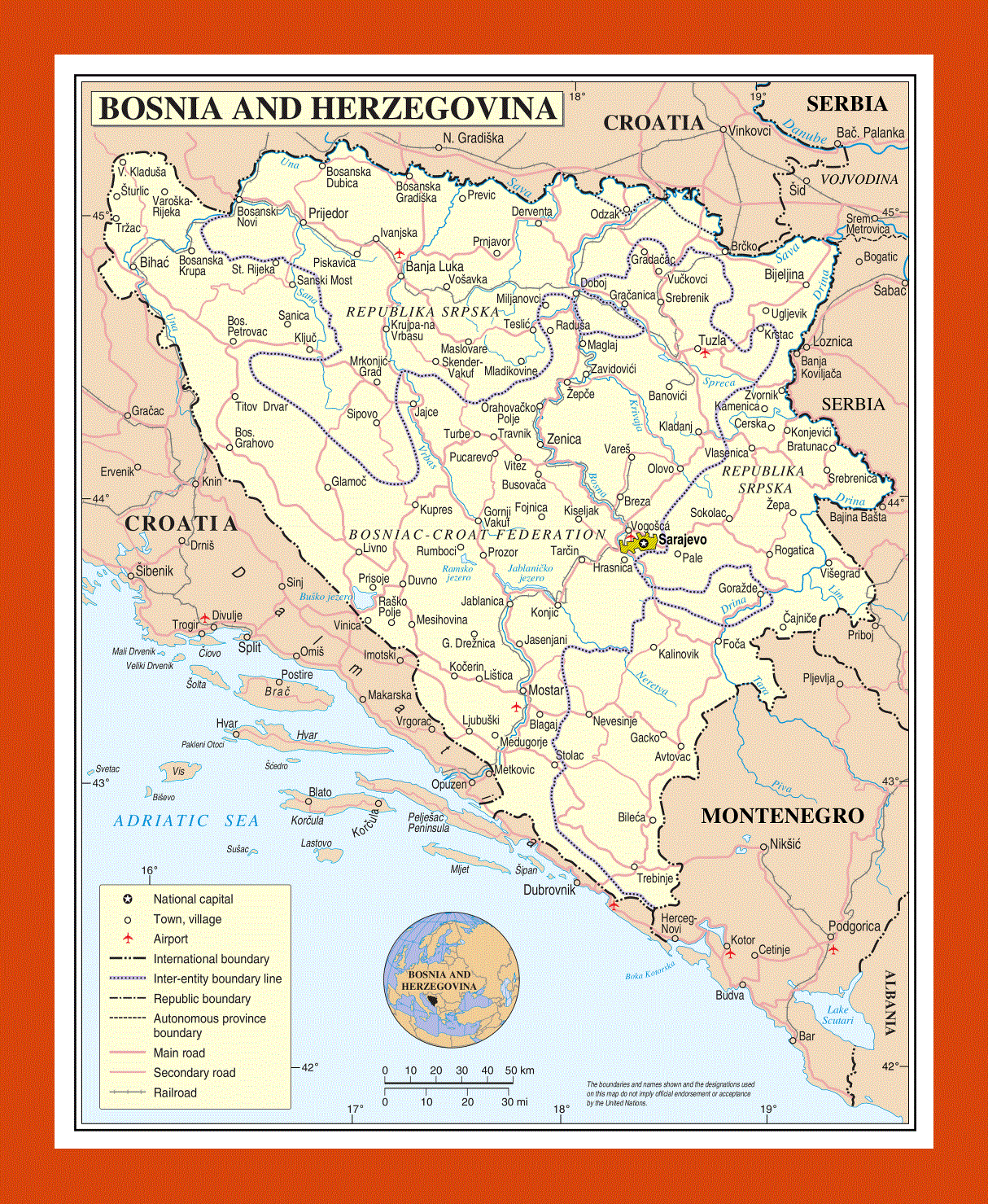 Political and administrative map of Bosnia and Herzegovina