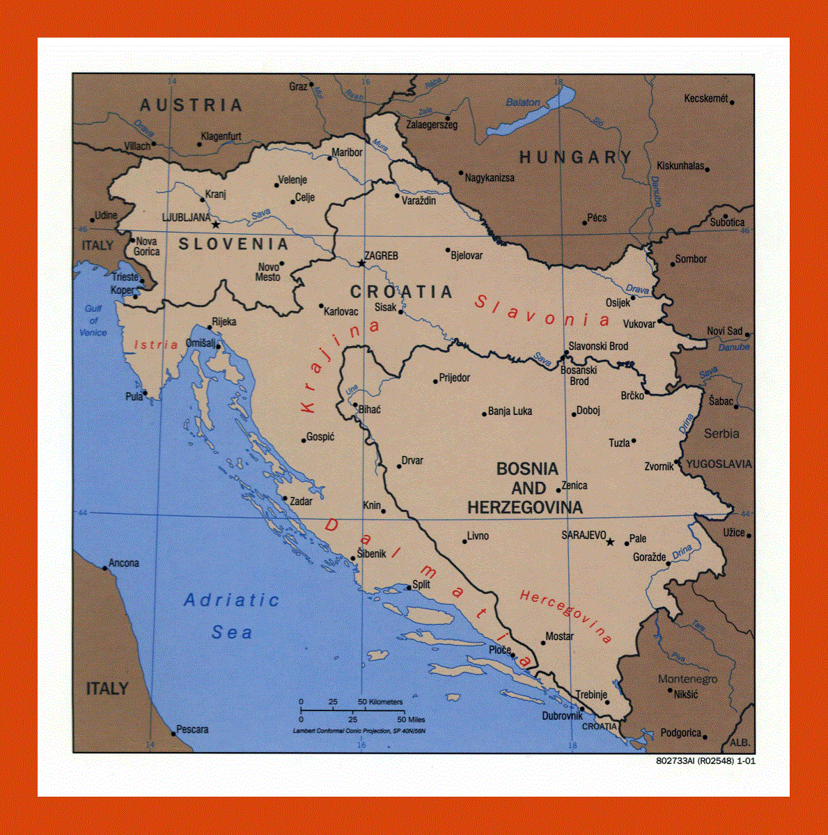 Political map of Slovenia, Croatia and Bosnia and Herzegovina
