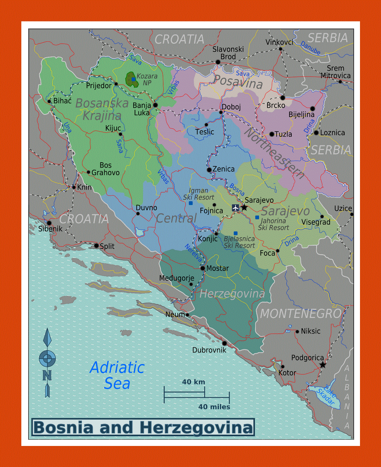 Regions map of Bosnia and Herzegovina