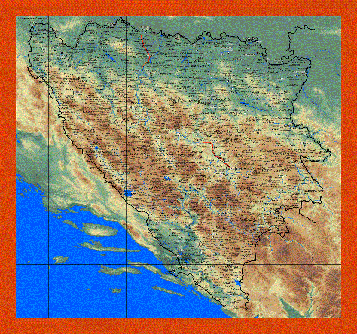 Relief map of Bosnia and Herzegovina