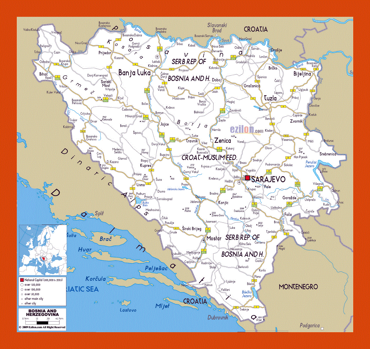 Road map of Bosnia and Herzegovina