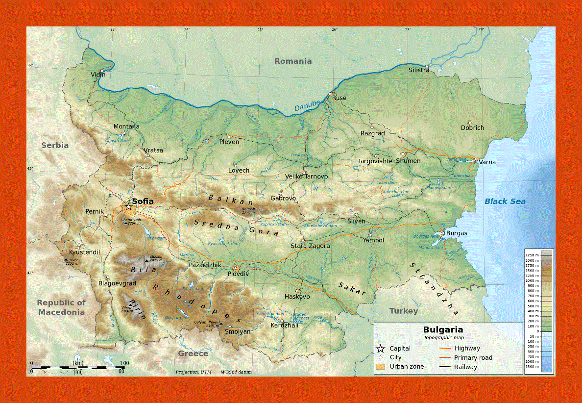 Physical map of Bulgaria