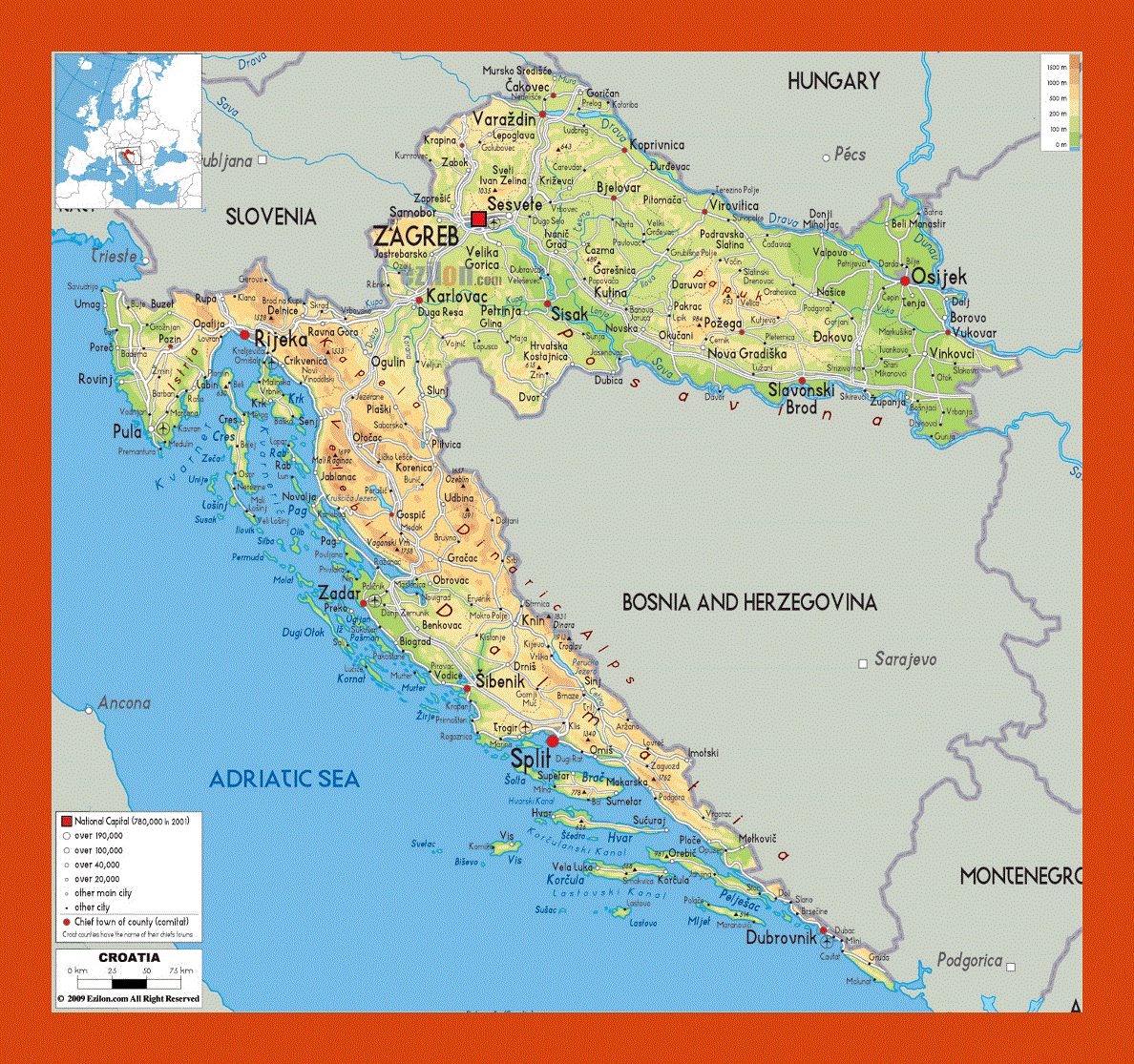 Physical map of Croatia