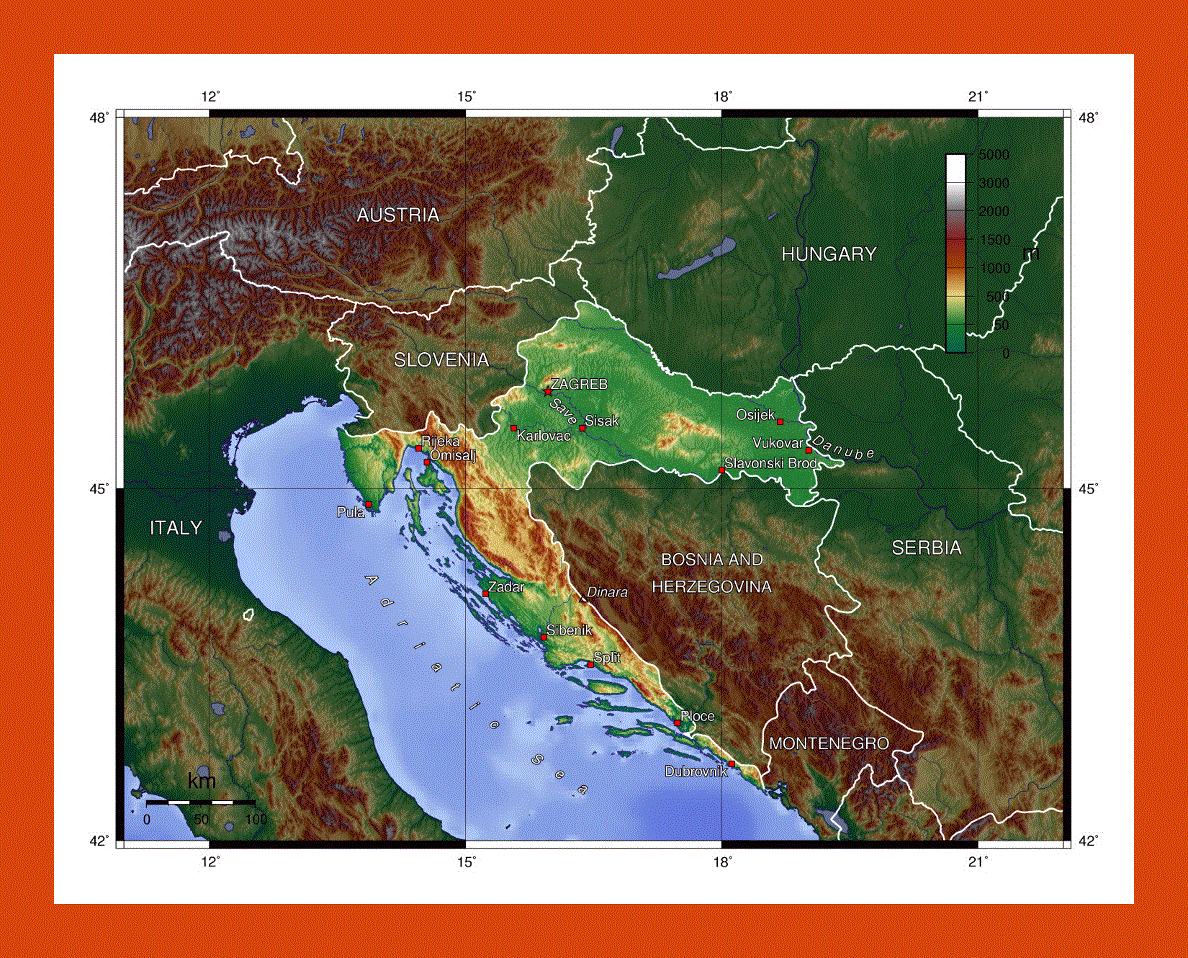 Physical map of Croatia