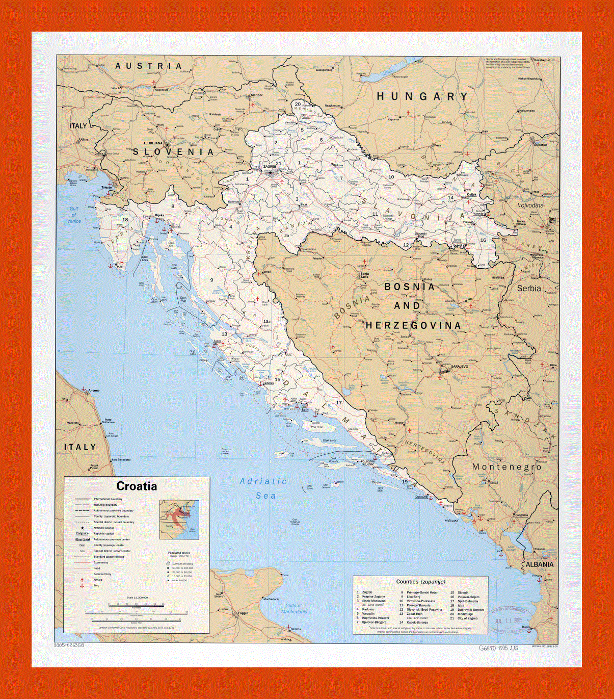 Political and administrative map of Croatia - 1995