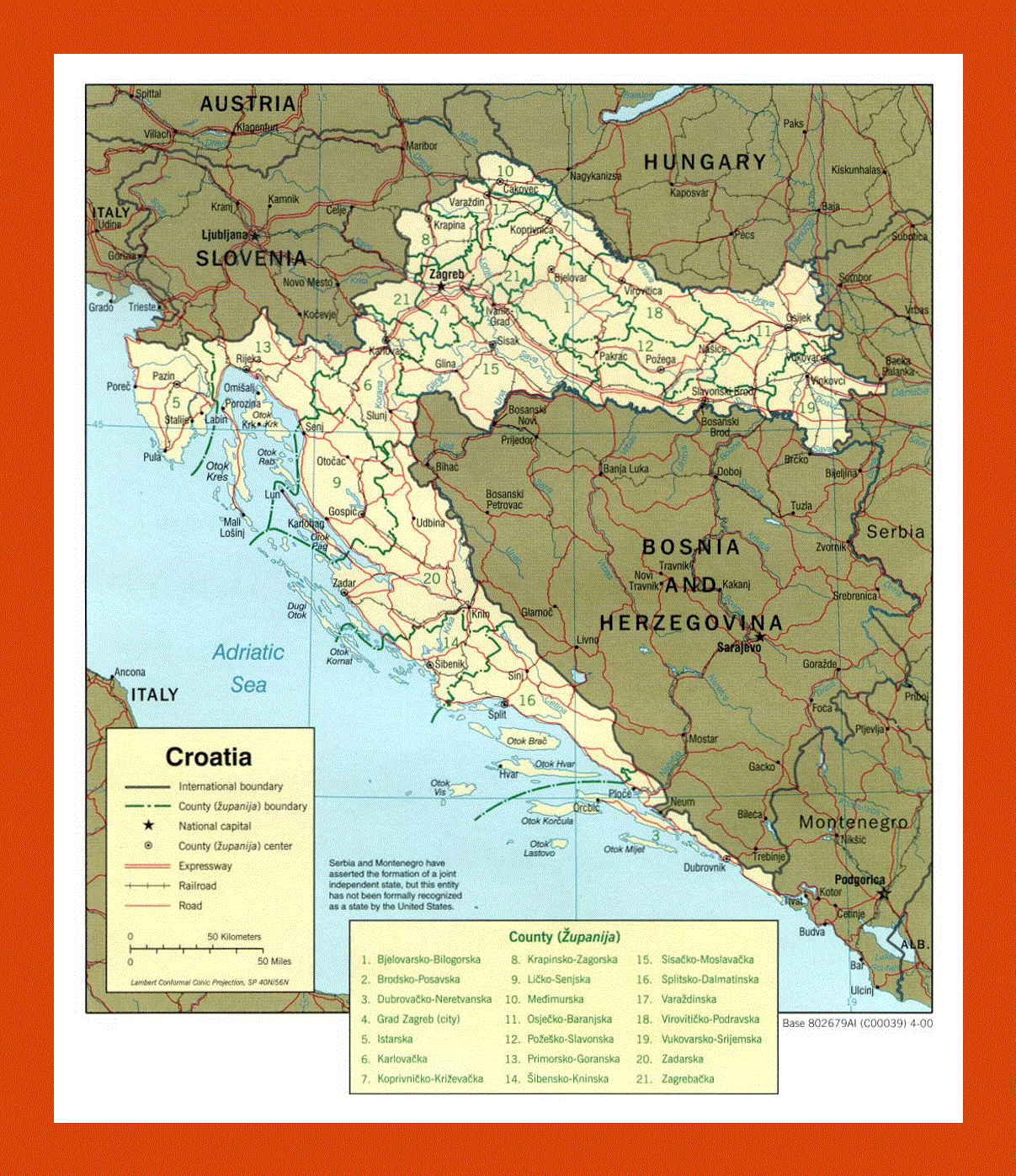 Political and administrative map of Croatia - 2000