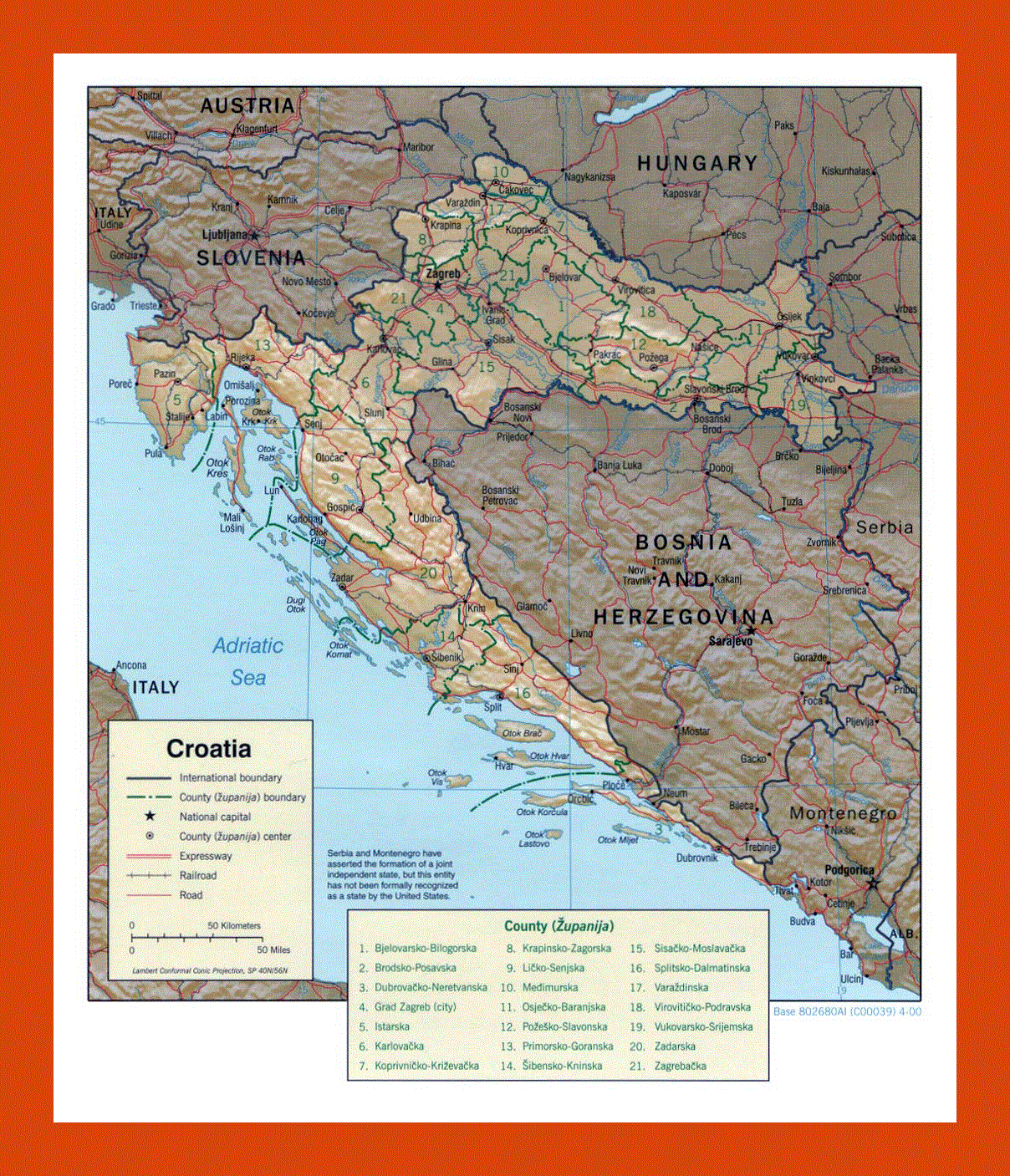 Political and administrative map of Croatia - 2000