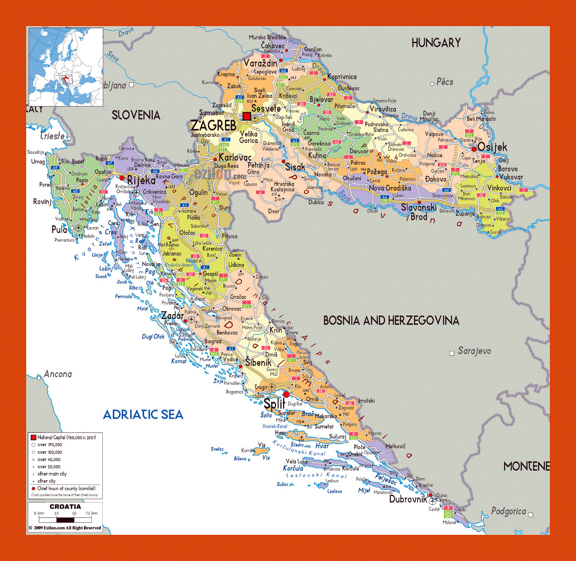 Political and administrative map of Croatia