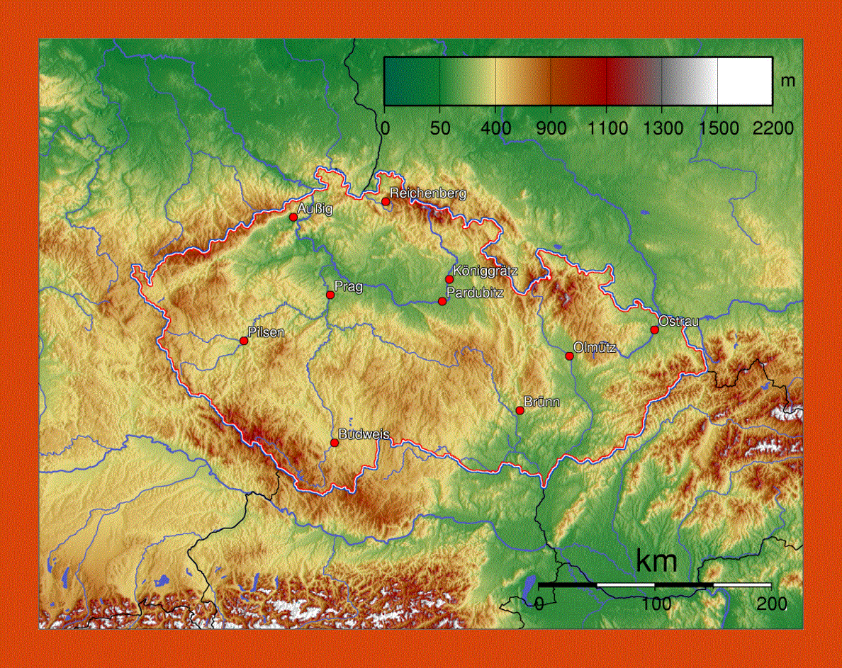 Physical map of Czech Republic