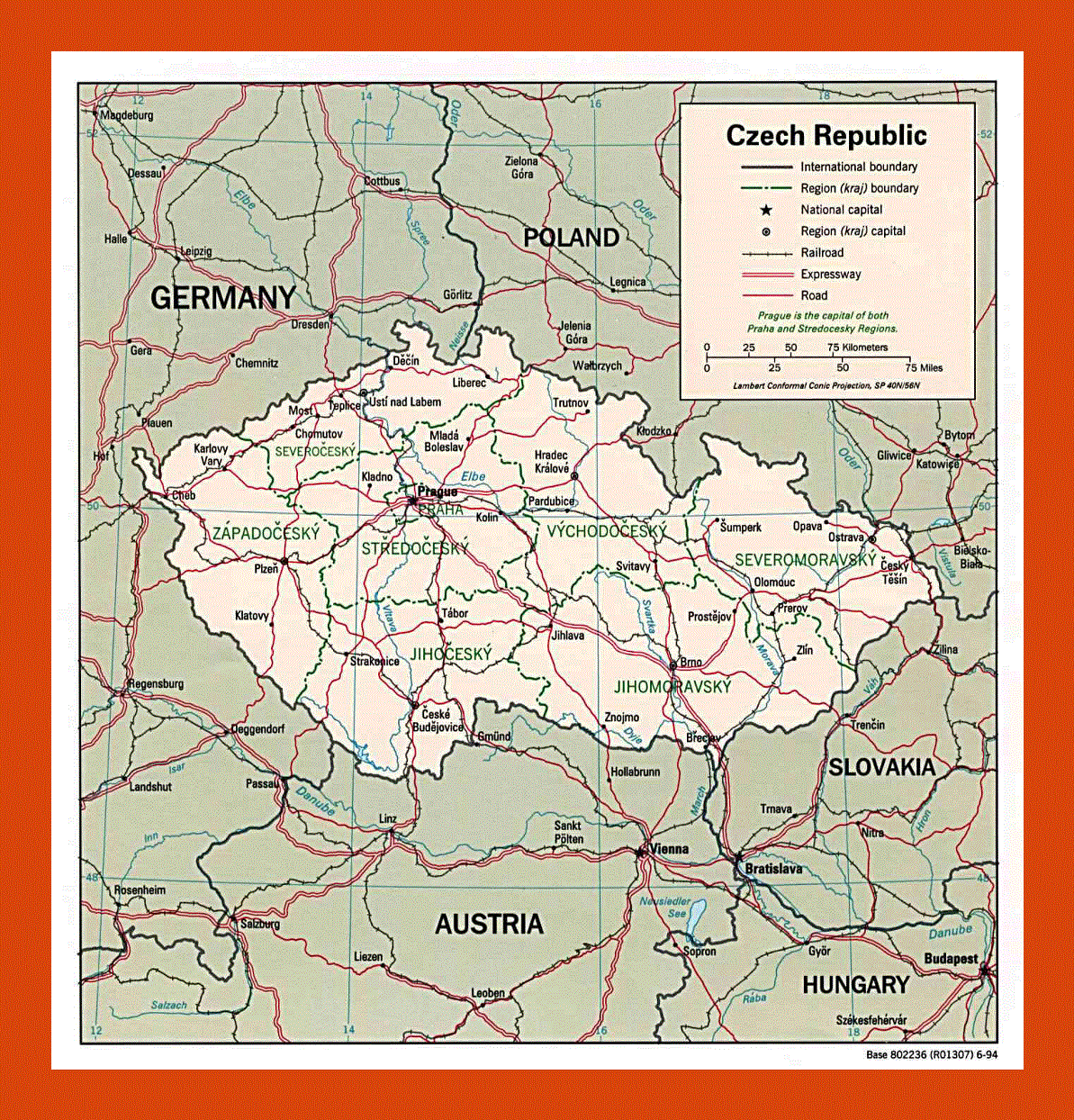 Political and administrative map of Czech Republic - 1994