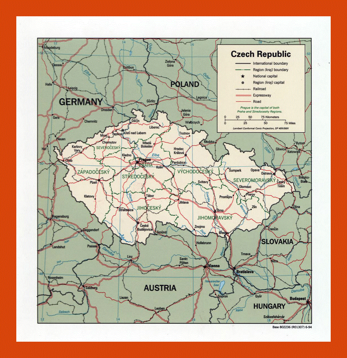 Political and administrative map of Czech Republic - 1994