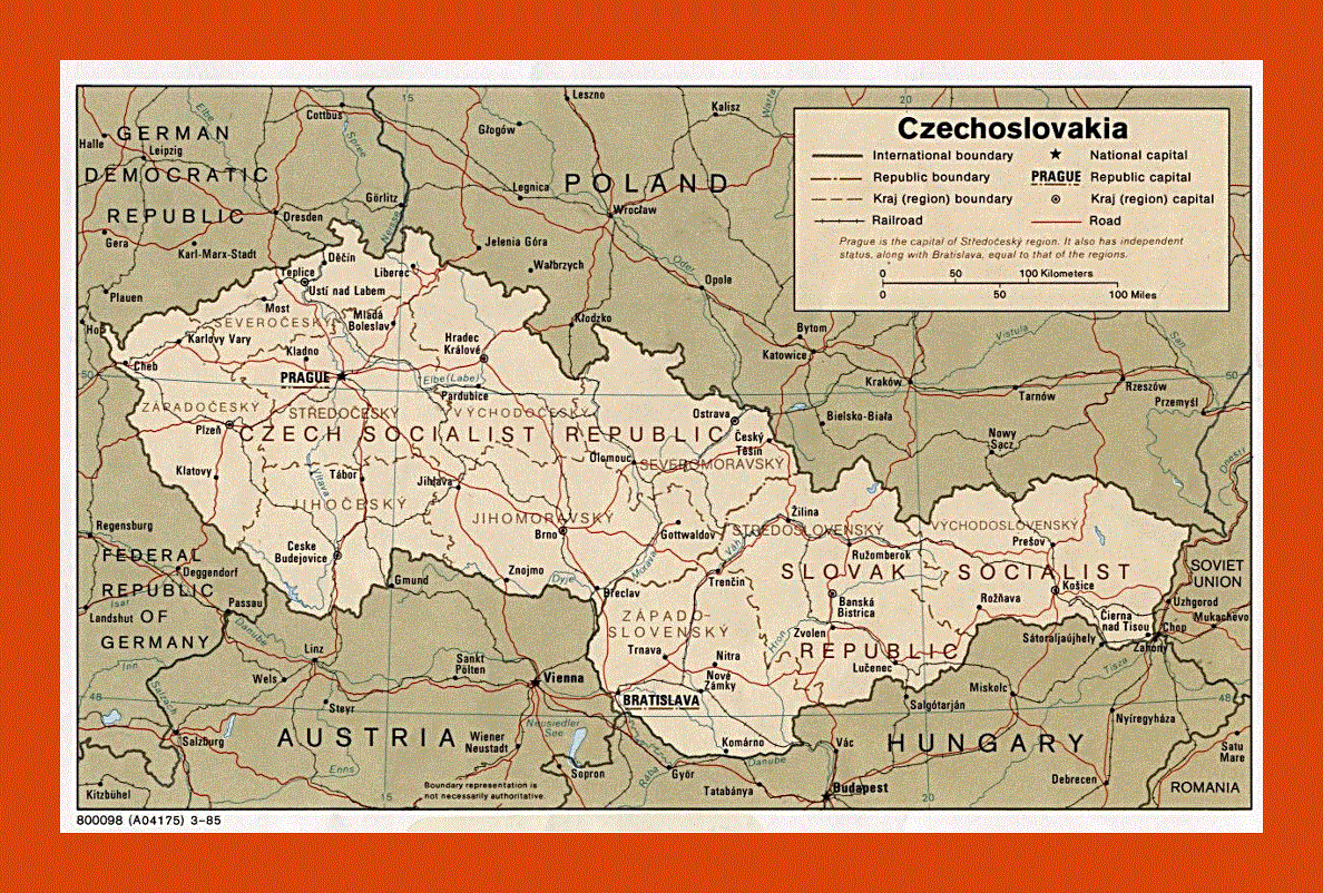 Political and administrative map of Czechoslovakia - 1985