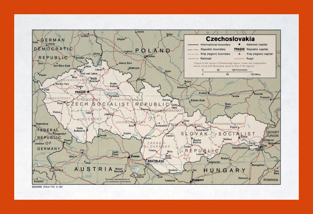 Political and administrative map of Czechoslovakia - 1985