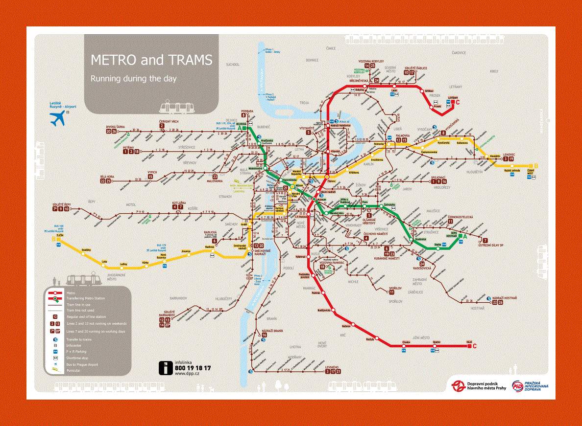 Metro and tram map of Prague city