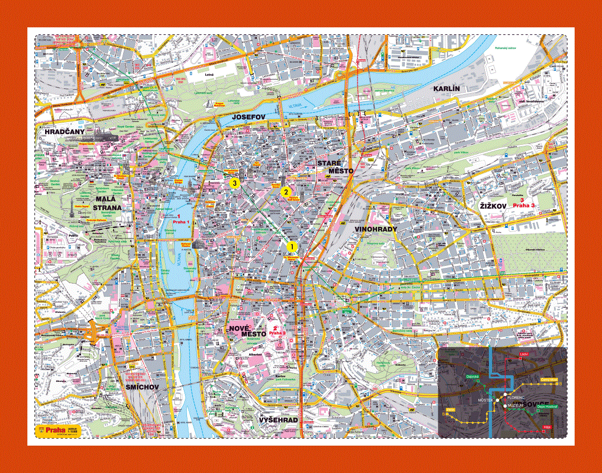 Road and tourist map of Prague city
