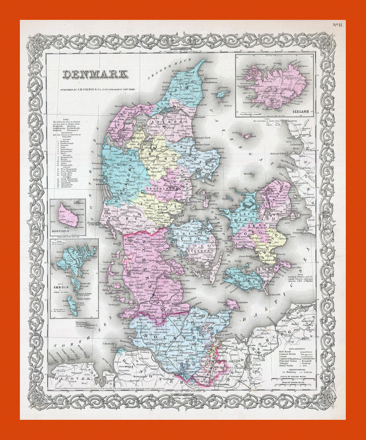 Old political and administrative map of Denmark - 1855