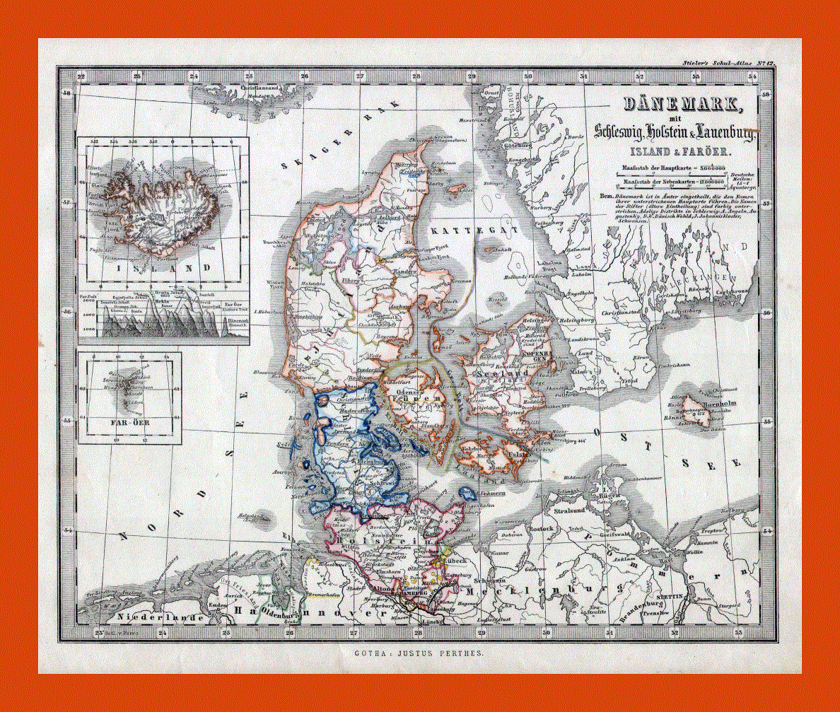 Old political and administrative map of Denmark - 1862