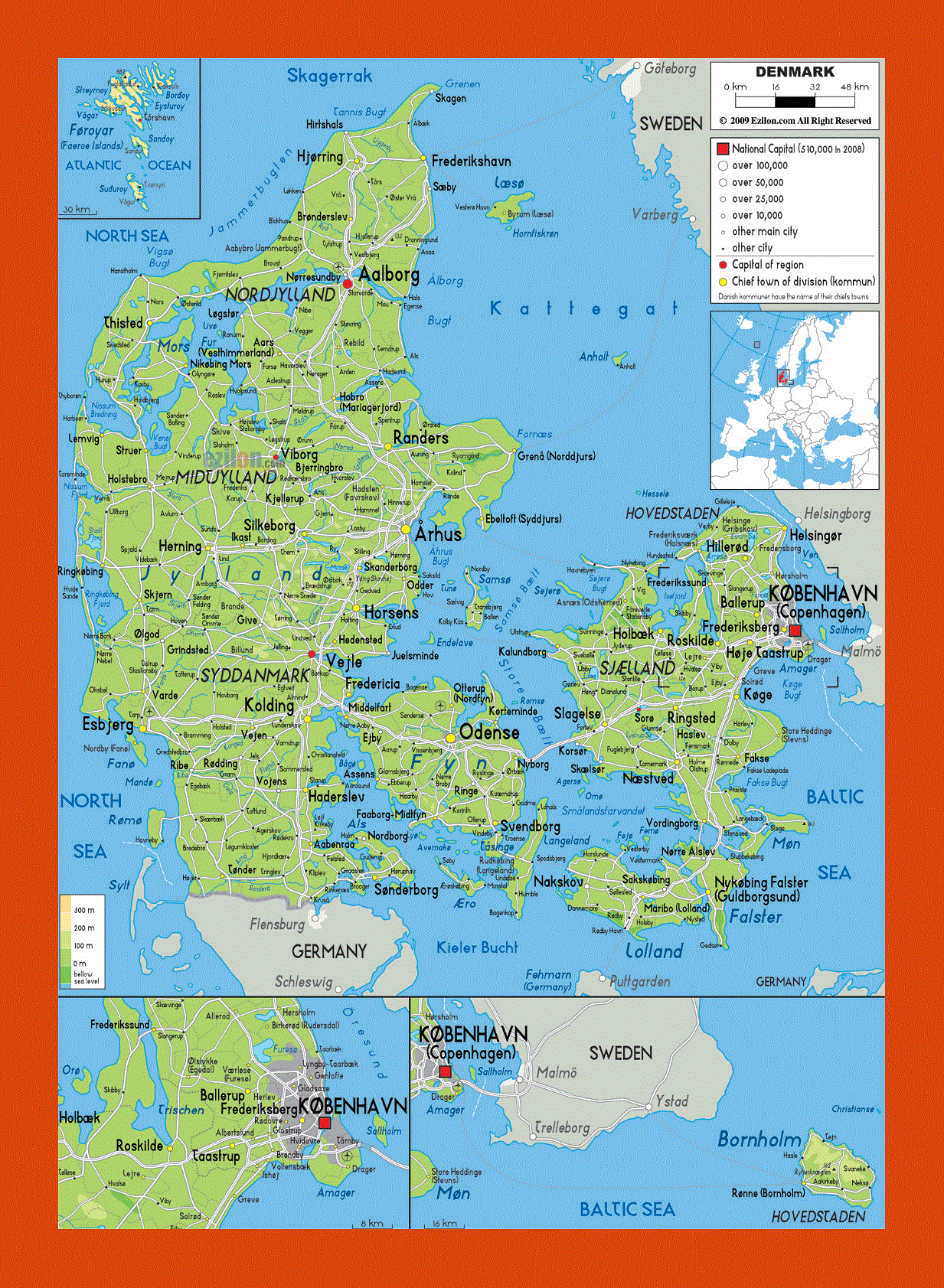 Physical map of Denmark