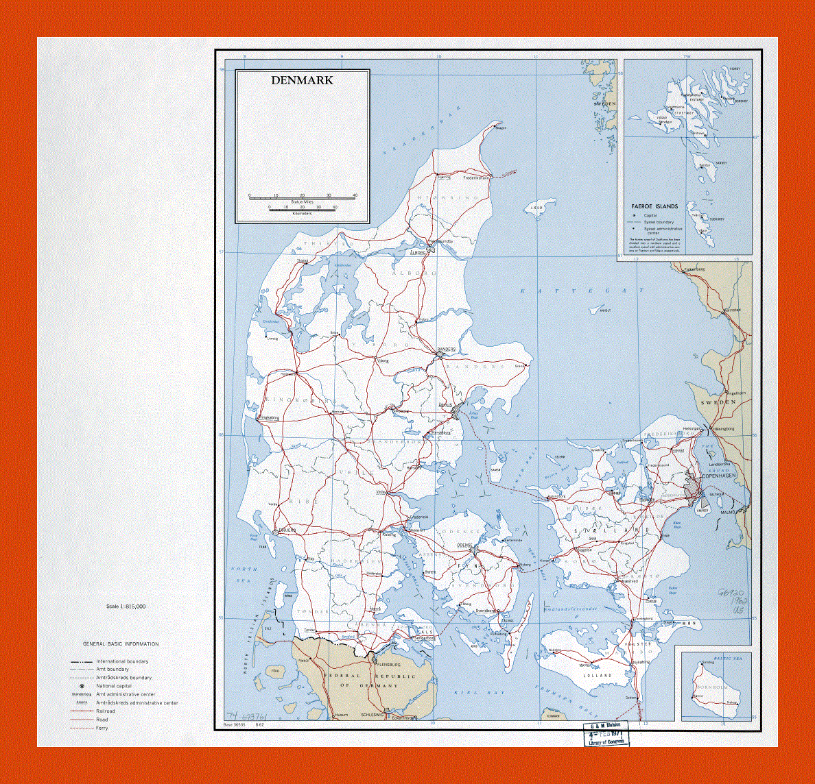 Political and administrative map of Denmark - 1962