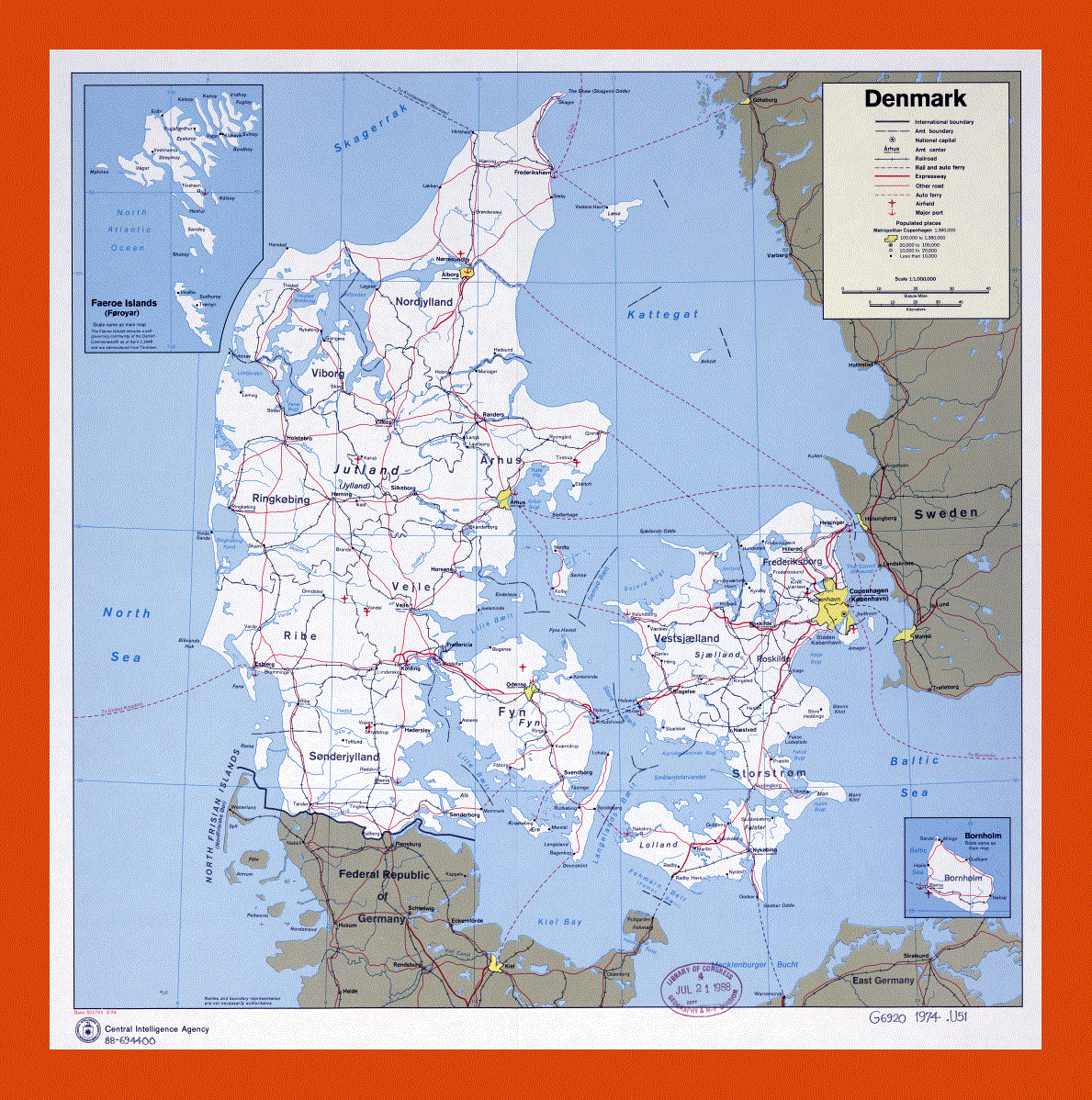 Political and administrative map of Denmark - 1974