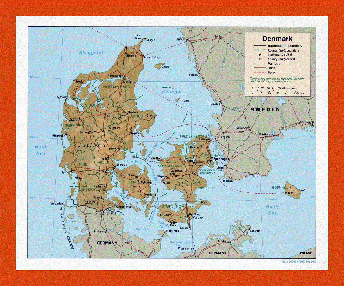 Political and administrative map of Denmark - 1999