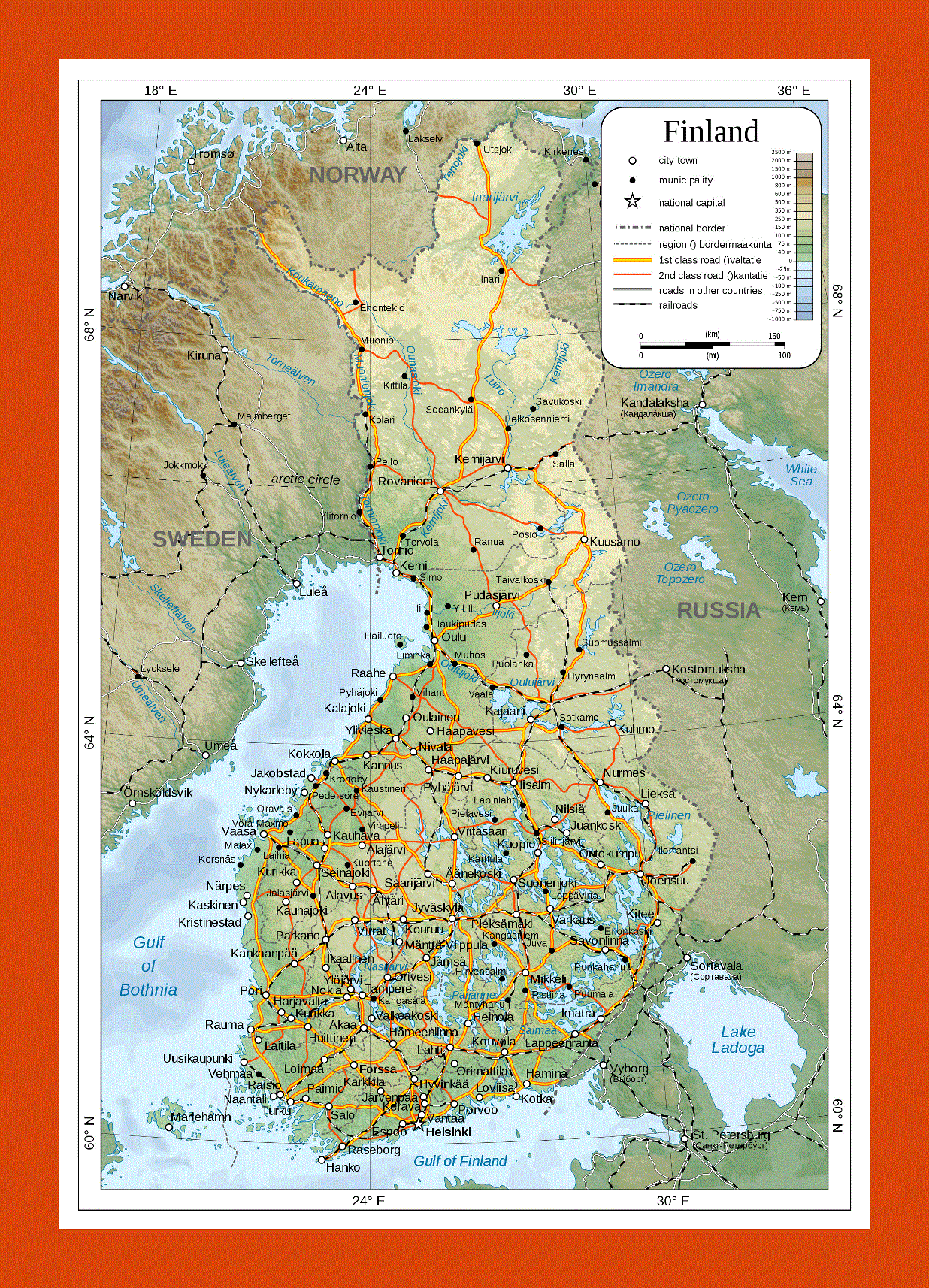 Physical map of Finland