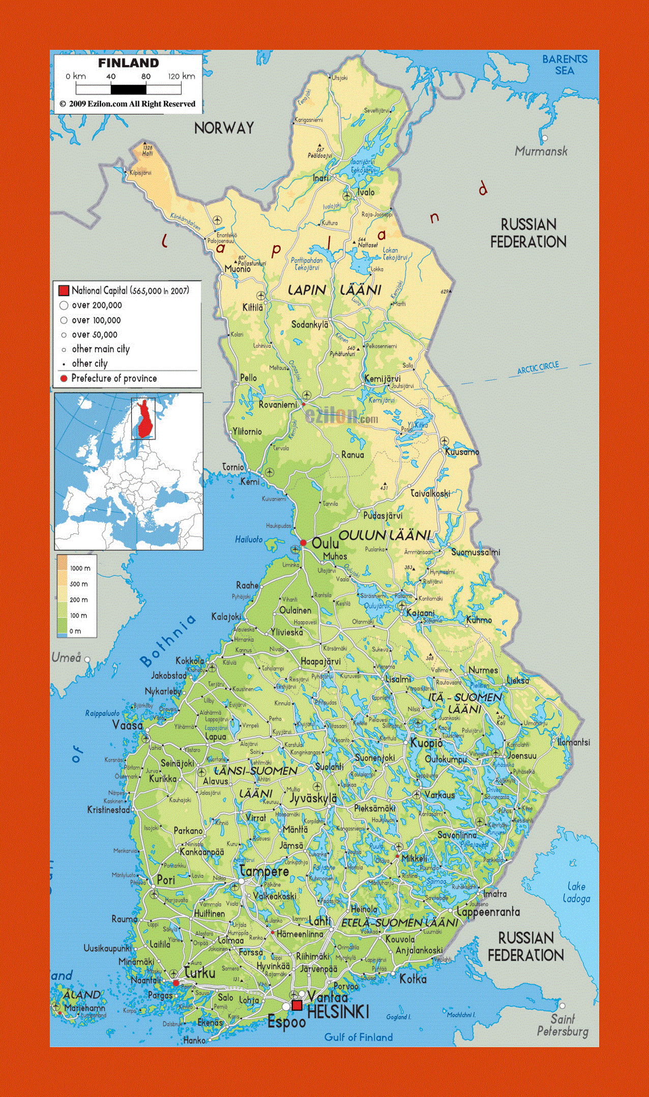 Physical map of Finland