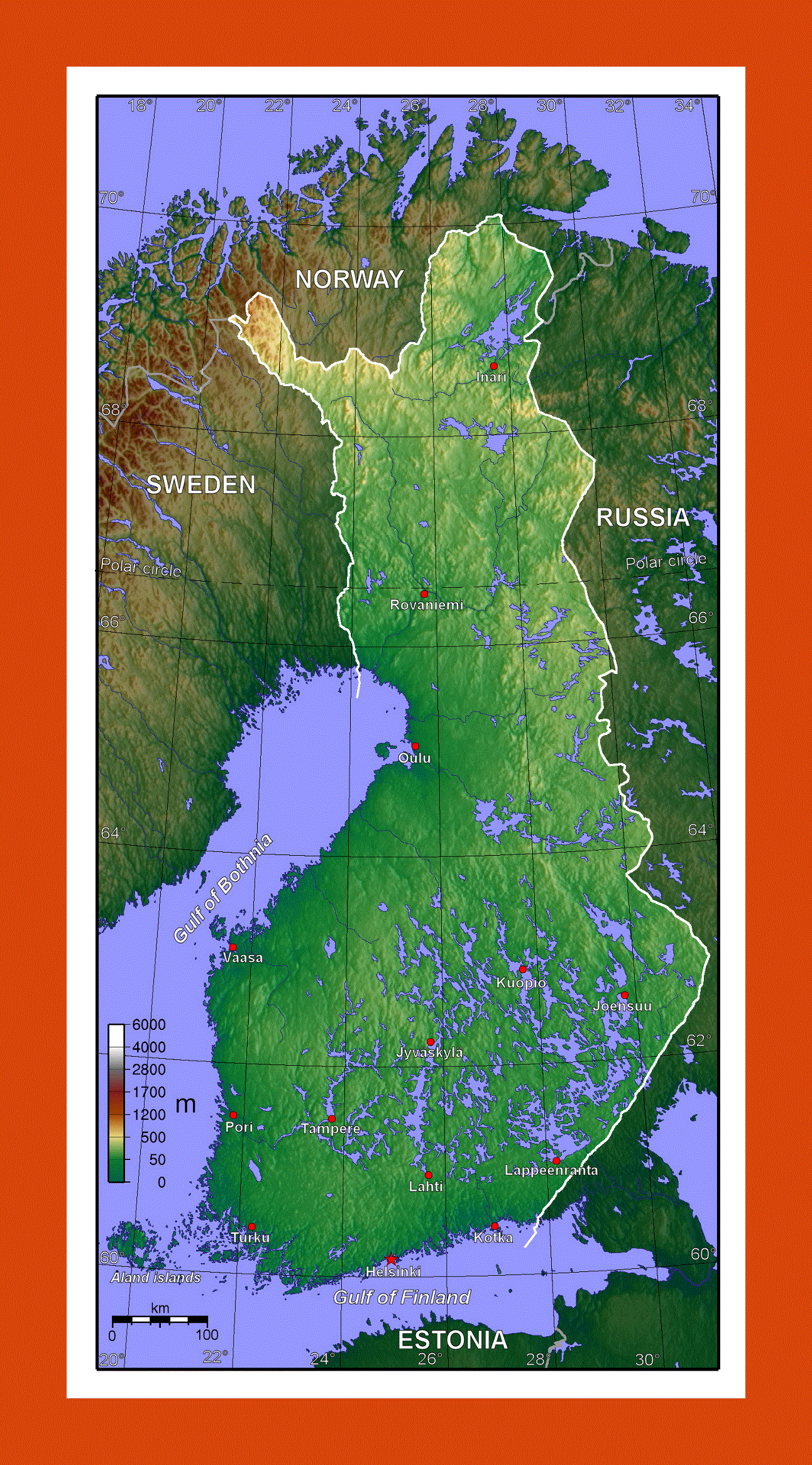 Physical map of Finland