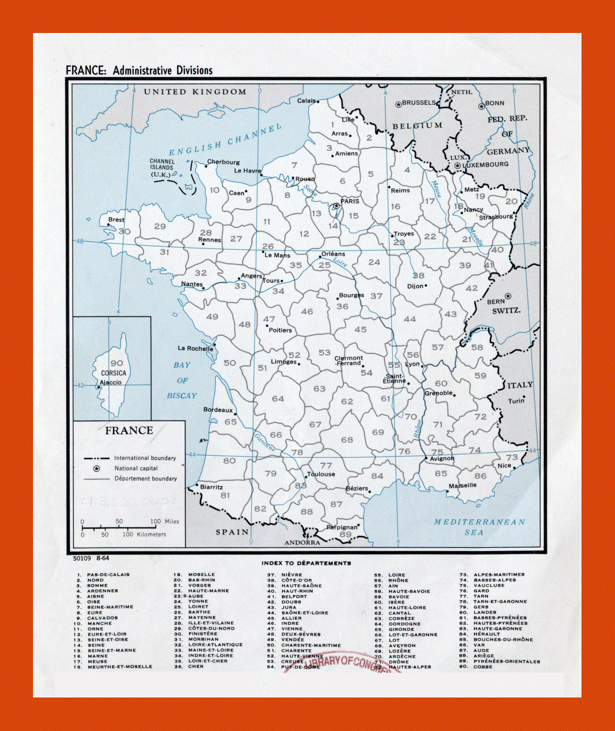 Administrative divisions map of France - 1964