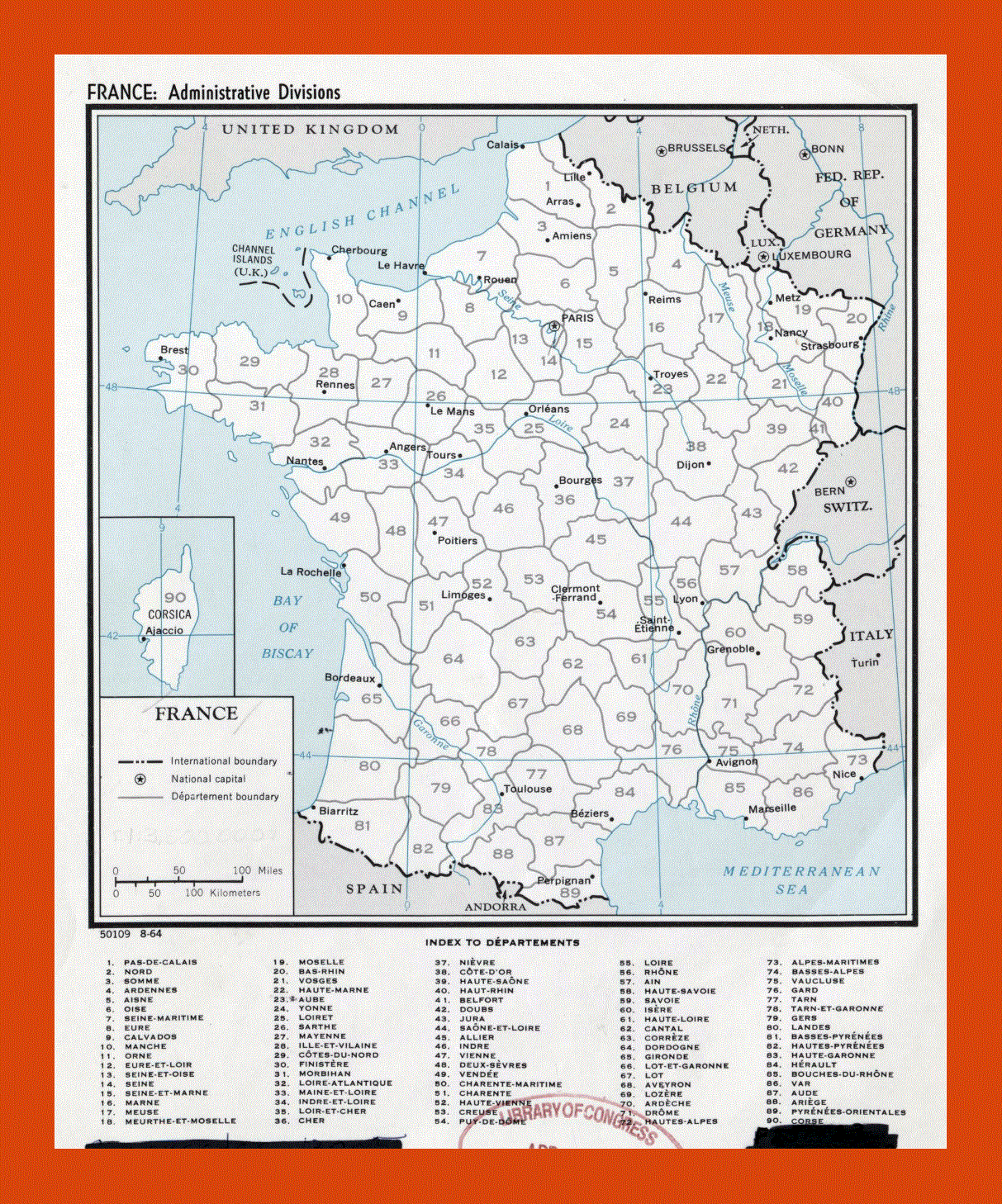 Administrative divisions map of France - 1964