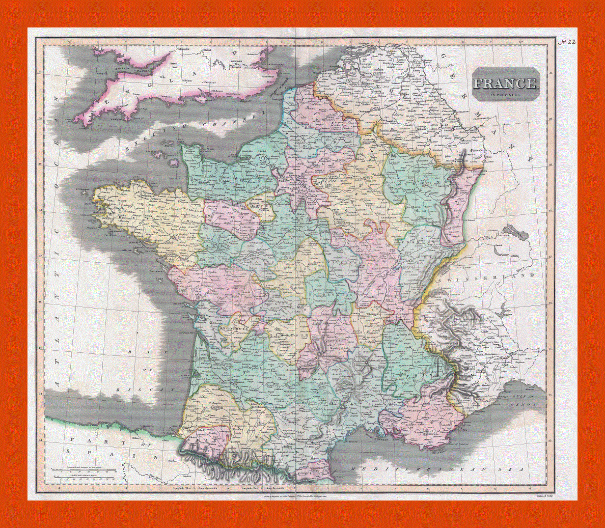 Old political and administrative map of France - 1814
