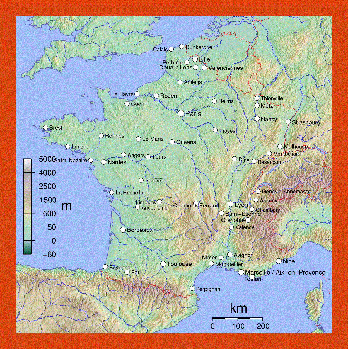 Physical map of France