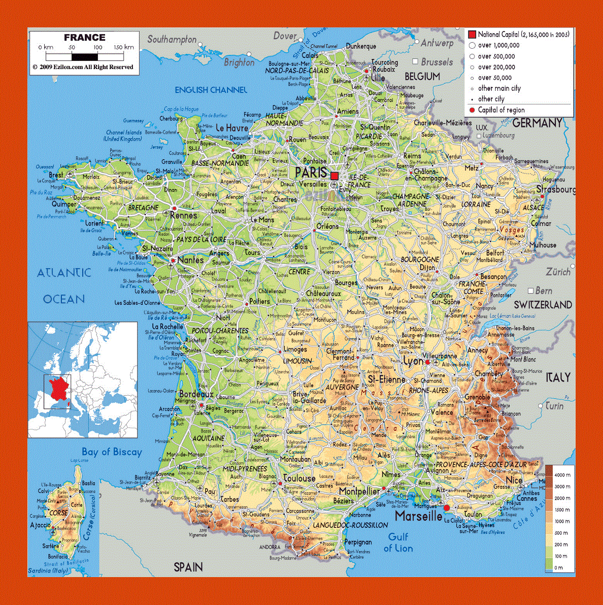 Physical map of France