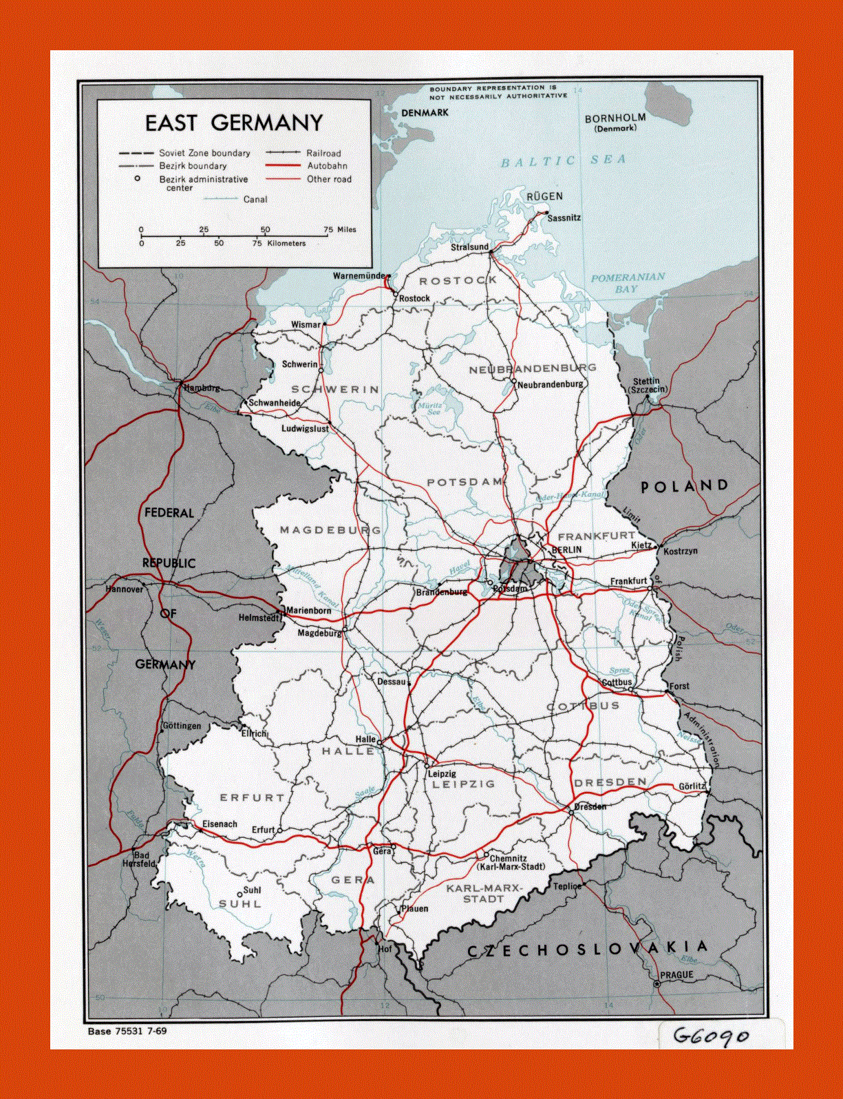 Political and administrative map of East Germany - 1969