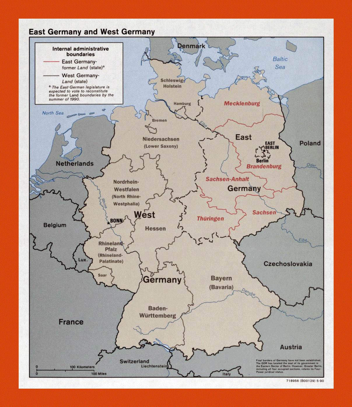 Political and administrative map of East Germany and West Germany - 1990