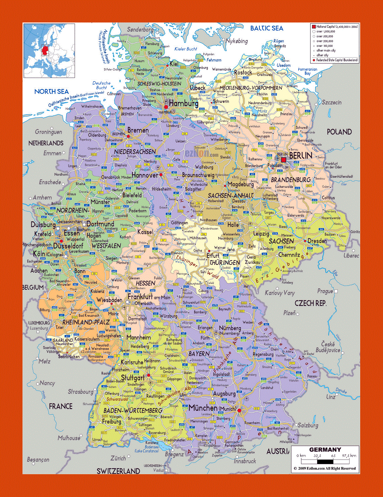 Political and administrative map of Germany