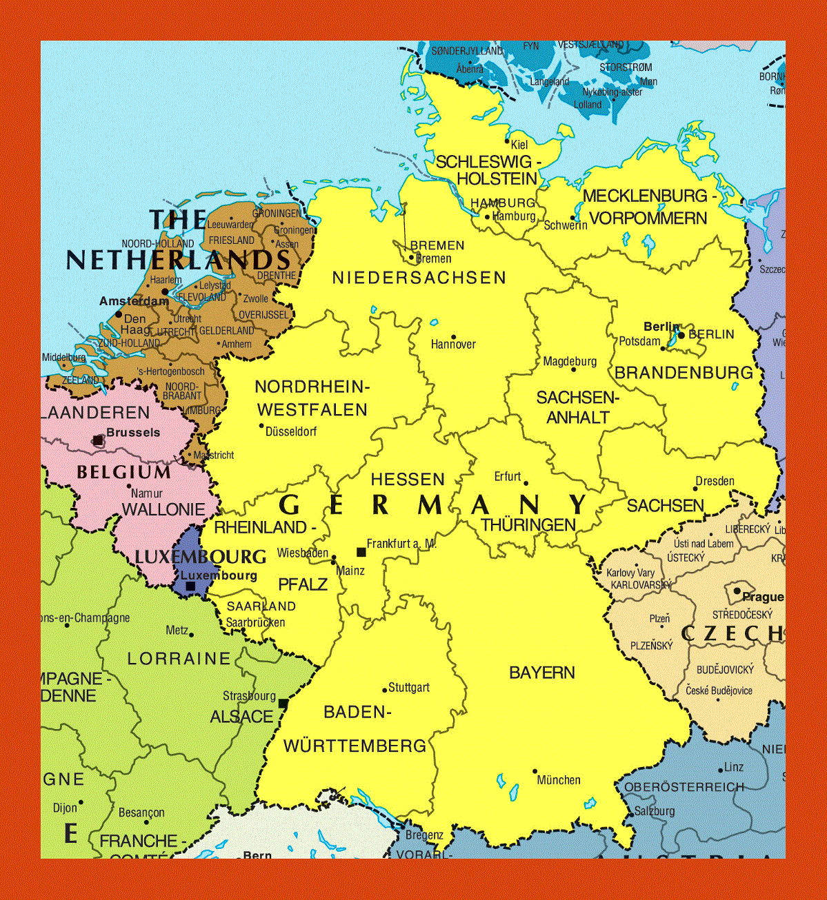 Political and administrative map of Germany and Netherlands